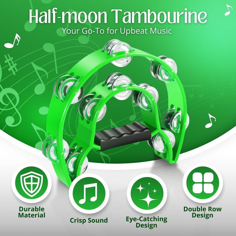 Flexzion Tambourine Metal Half Moon Musical Instruments Double Row Metal Jingles Hand Held Instruments Percussion with Ergonomic Handle Grip, Tambourines for Adults, 2 Packs - Green - Image 2